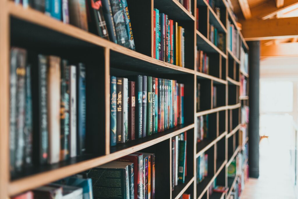 Colorful books neatly arranged on modern shelves in a bright library.